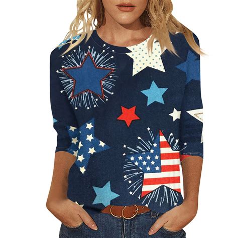 Julmcomo 4th Of July Womens American Flag 34 Sleeve Shirt Patriotic Shirt Usa Flag Patriotic