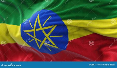 Close Up View Of The Ethiopian National Flag Waving In The Wind Stock