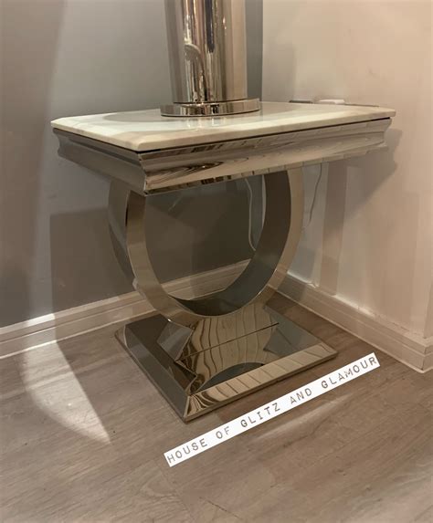 Arianna White & Grey Marble & Stainless Steel Circular Lamp / Side Tab