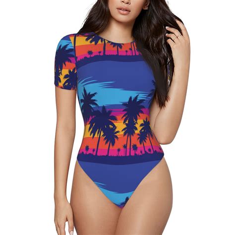 Easygdp Beach With Palm Trees Womens One Piece Swimsuit Slim Fit Crew