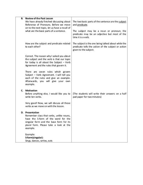 Detailed Lesson Plan Subject Verb Agreement