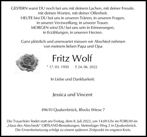 Traueranzeigen Von Fritz Wolf Noz Trauerportal