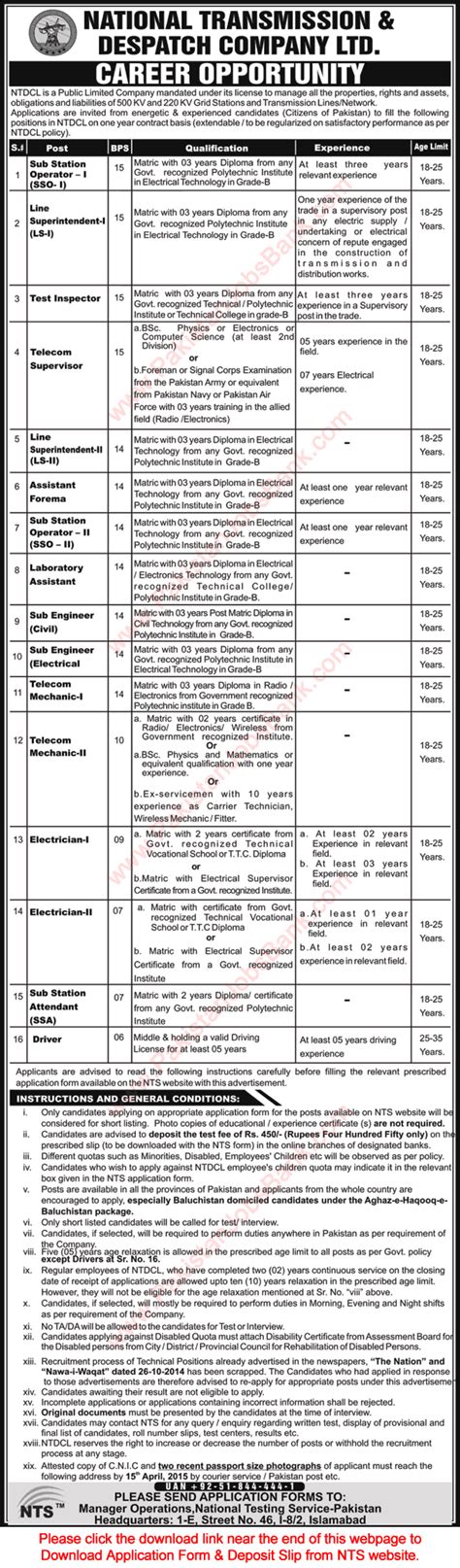 NTDC Jobs 2015 March April NTS Application Form WAPDA Sub Engineers