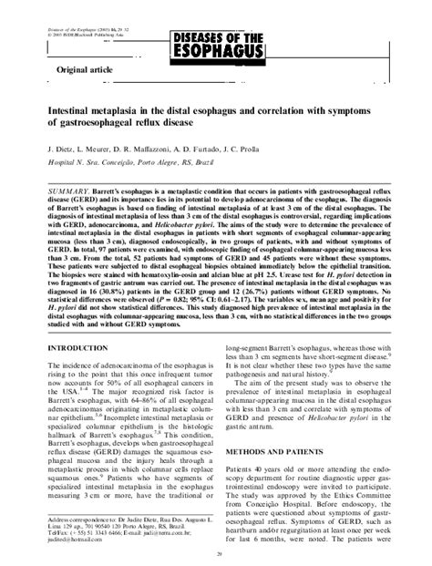 (PDF) Intestinal metaplasia in the distal esophagus and correlation with symptoms of ...