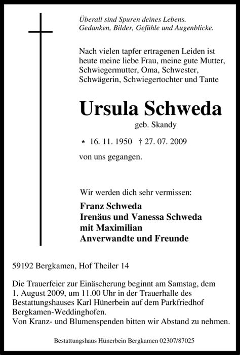 Traueranzeigen Von Ursula Schweda Trauer In NRW De