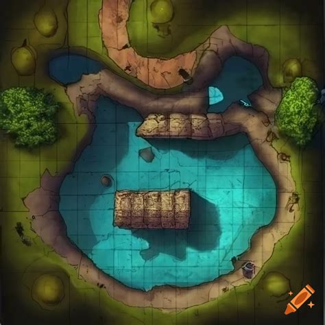 Dungeons And Dragons Battlemap Of A Detailed Cave System With A Pool Land Platform Entrances