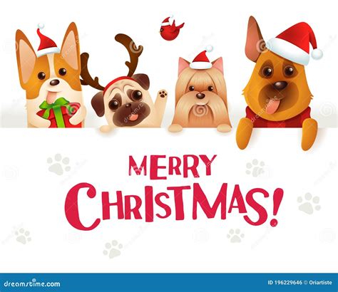 Merry Christmas Dogs And Puppies With Big Signboard Stock Vector