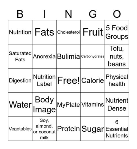 Nutrition Bingo Card