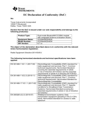 Fillable Online CC2564MODAEM EC Declaration Of Conformity DoC Rev C