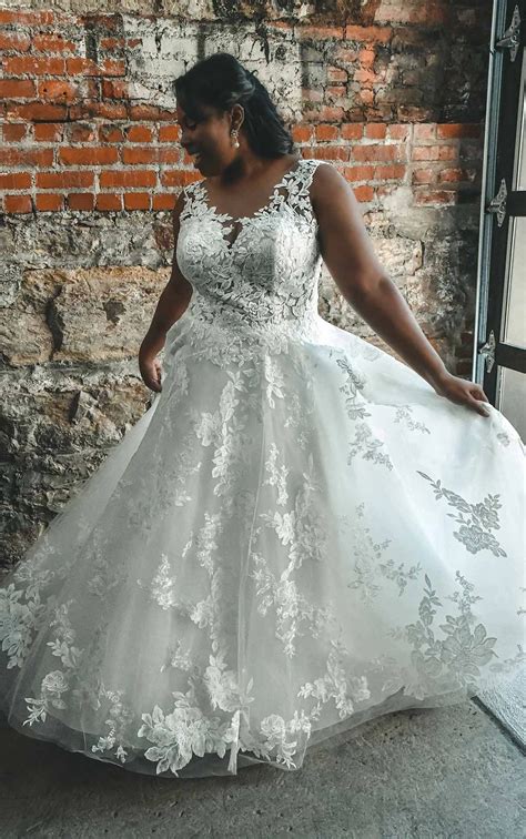 Lace A Line Plus Size Wedding Dress With Long Sleeves Essense Of Australia Wedding Dresses