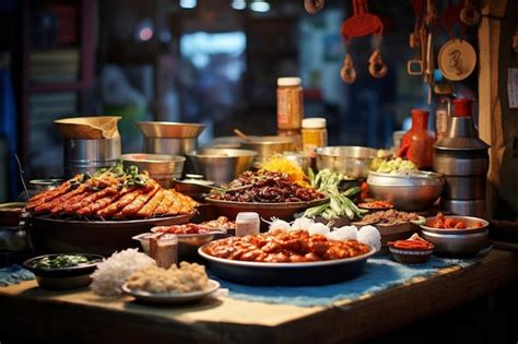 Premium AI Image | A Traditional Korean Market Stall with Street Food