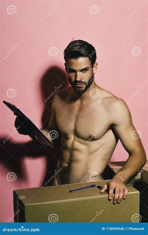 Guy With Torso Stands Naked Behind Boxes Stock Photo Image Of Moving Male