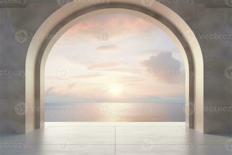 AI generated Arched window looking through sunrise on a stone wall