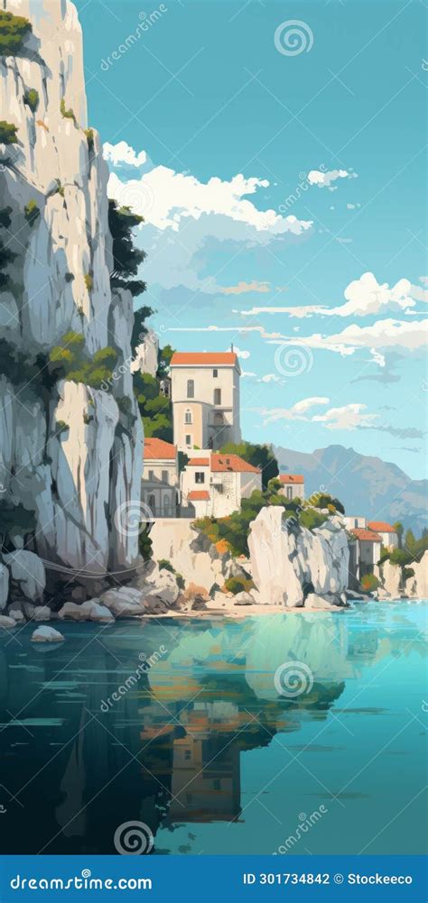 Cliffs And Water A Detailed Renaissance Revival Painting Stock