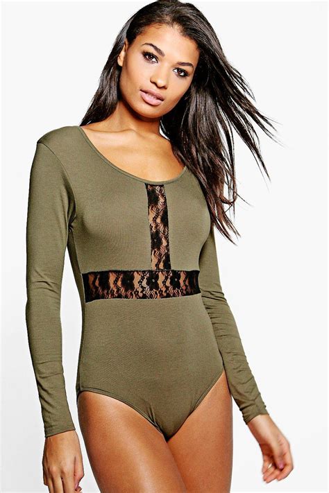 Boohoo Womens Lauriel Lace Insert Long Sleeve Bodysuit