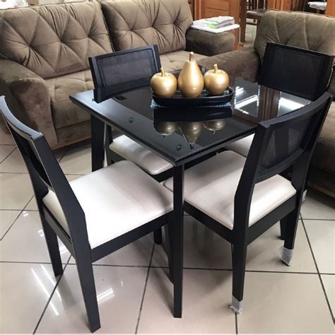 Mesa Quadrada 75cm Tampo Vidro Preto Esthela 4 Cadeiras Laca Preta