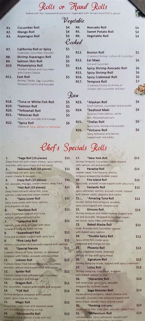 Menu Of Saga Hibachi Steakhouse And Sushi Bar In Robinson Township Pa 15205