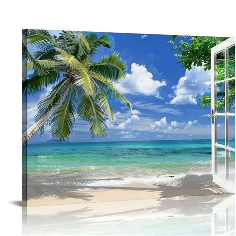 Canflashion Window Beach Picture Canvas Wall Art Palm Tree Fake Open