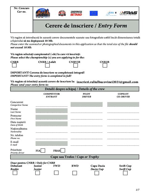 Fillable Online Cerere De Nscriere Entry Form Cnrally B Raliul