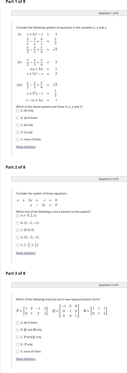 Solved Consider The Following Systems Of Equations In The