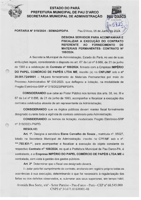 154 Portaria 019 24 Fiscal De Contrato 108 Prefeitura Municipal