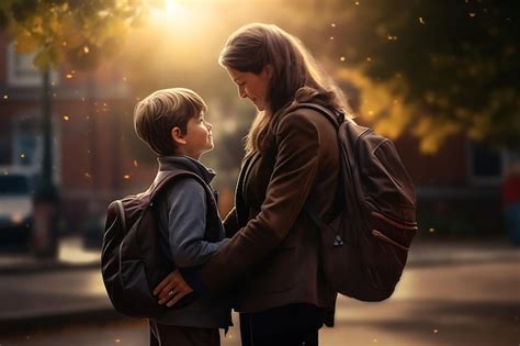 Parent Saying Goodbye To A Child At School Premium Ai Generated Image