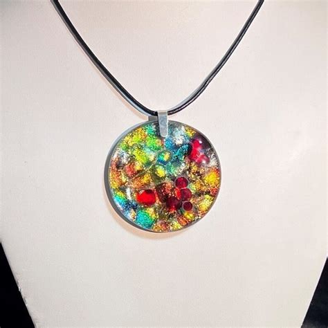 Dichroic Fused Glass Necklace Black Leather Cord Solid Sterling