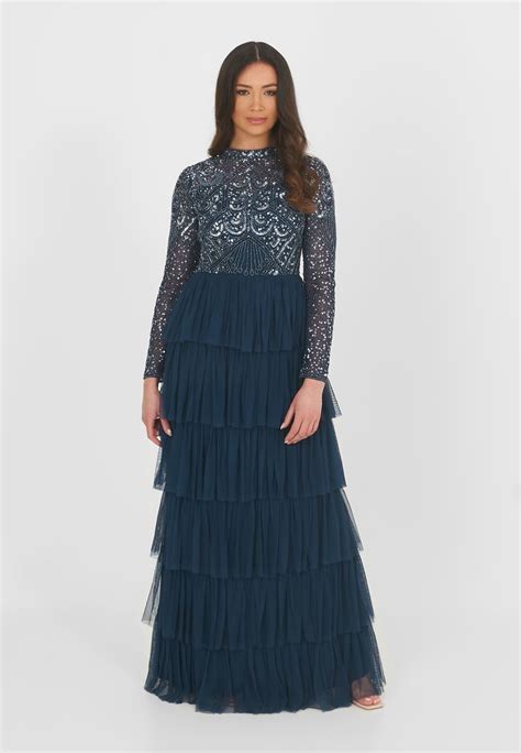 Maryisa Embellished Sequins Modest Robe De Cocktail Navy Bleu