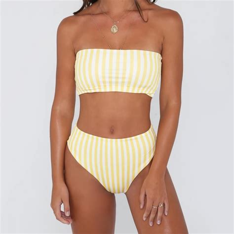 PLAVKY 2019 Retro Sexy Yellow Striped Strapless Bandeau Biquini Cut