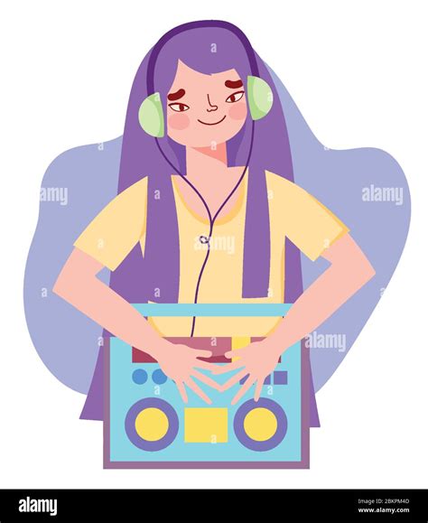 Girl Listening Music With Headphones Connected At Boombox Stereo Vector Illustration Stock