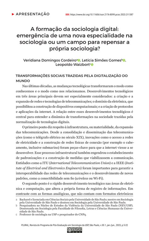 Pdf A Forma O Da Sociologia Digital Emerg Ncia De Uma Nova