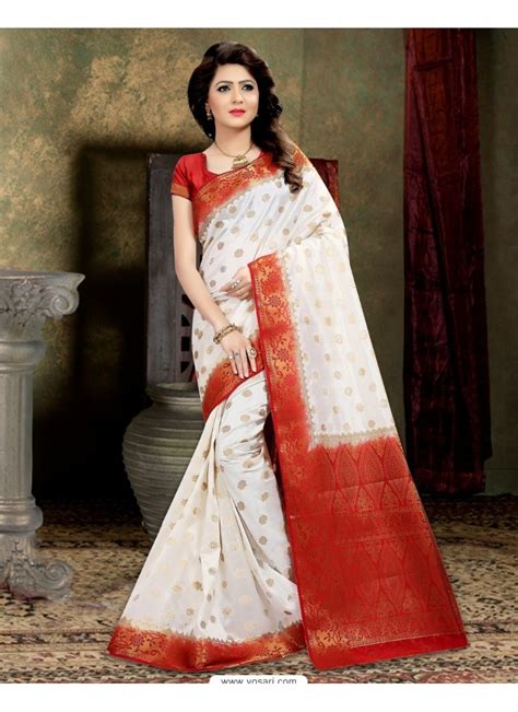 Buy Desirable Off White Banarasi Silk Saree Wedding Sarees