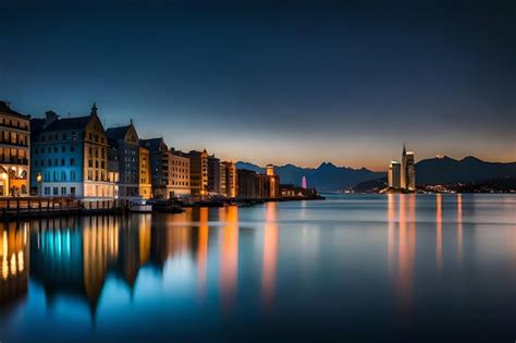 Una ciudad de noche con un lago y montañas al fondo Foto Premium