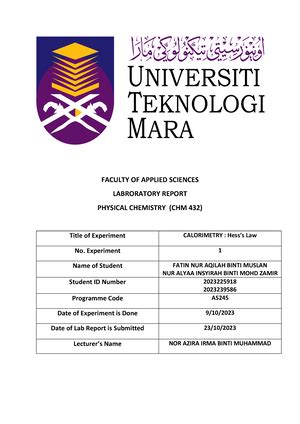 Chm Laboratory Report Hess S Law Laboratory Report Physical