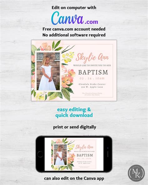 Editable Baptism Invitation Lds Canva Template 107 Edit And Etsy