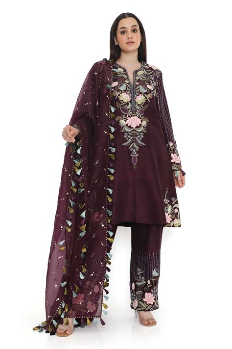 Buy Purple Dupion Silk Embroidered Floral Notched Tasseled Kurta Pant