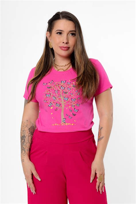 T SHIRT ARVORE BORBOLETAS STRASS ROSA PINK Atacado Tshirt Use