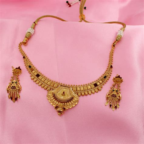 22k Yellow Gold Necklace Earrings Set Indian Gold Jewelry Etsy