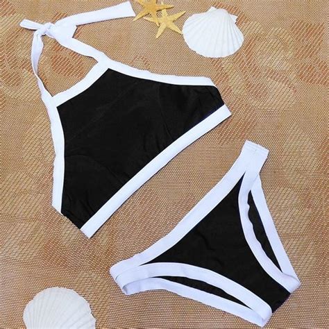 Black White Triangle Swimsuit 😍 High Neck Bikinis High Neck Bikini Set Black And White Bikini