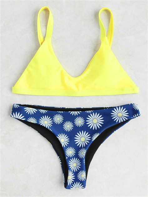 Daisy Print High Leg Triangle Bikini Set Bikinis Triangle Bikini Set