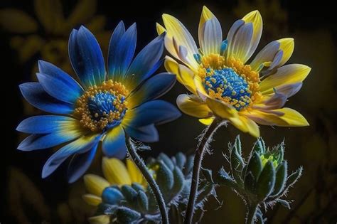 Una Flor Azul Y Amarilla Con Un Centro Amarillo Y Una Flor Azul Con Un