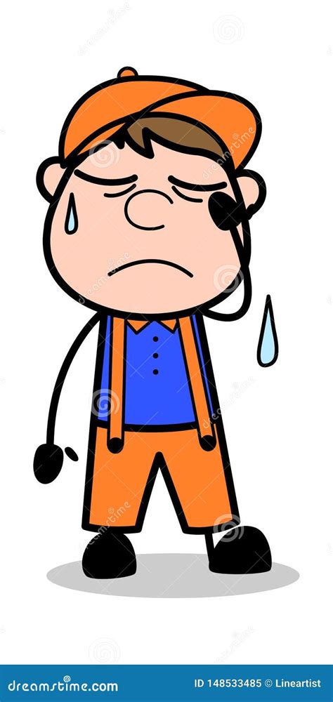 Sad Retro Cartoon Carpenter Worker Vector Illustration Stock