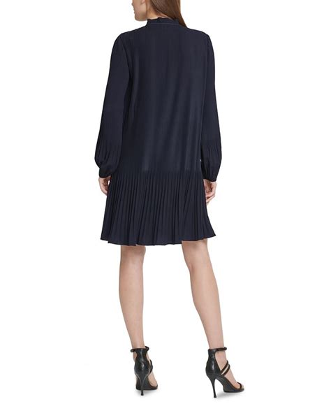 Dkny Long Sleeve Tie Neck Pleated Shift Dress And Reviews Dresses