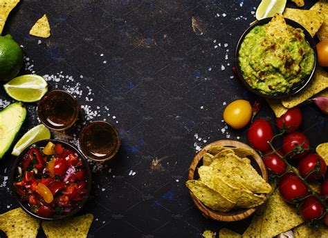 Nachos, Guacamole, Salsa Sauce, Blac | Background Stock Photos ~ Creative Market