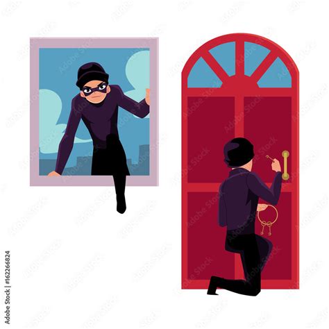 Thief Burglar Breaking In House Through Front Door And Window Cartoon