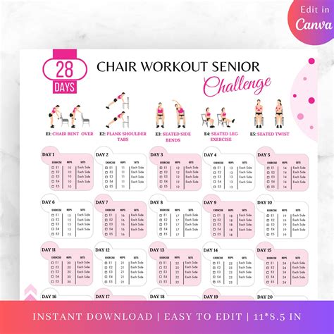 Editable 28 DAYS Chair Workout Seniors Challenge, Chair Workout Seniors