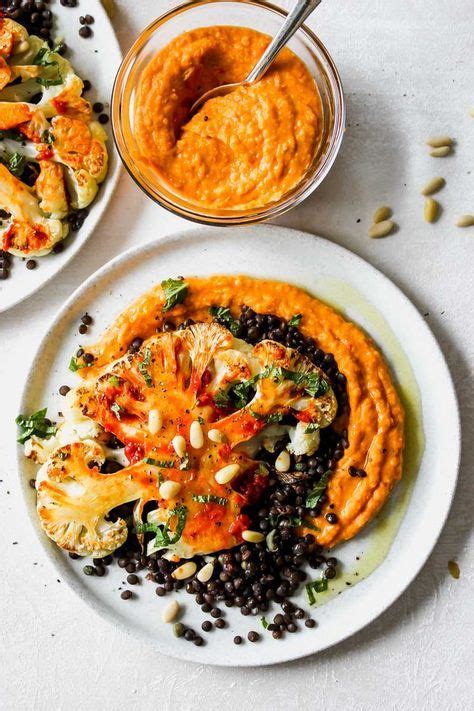 Cauliflower Steaks With Lemon Caper Lentils And Harissa Hummus