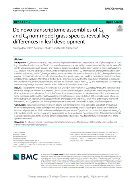 Pdf De Novo Transcriptome Assemblies Of C3 And C4 Non Model Grass