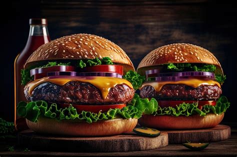 Dos Hamburguesas En Una Tabla De Cortar De Madera Con Una Botella De