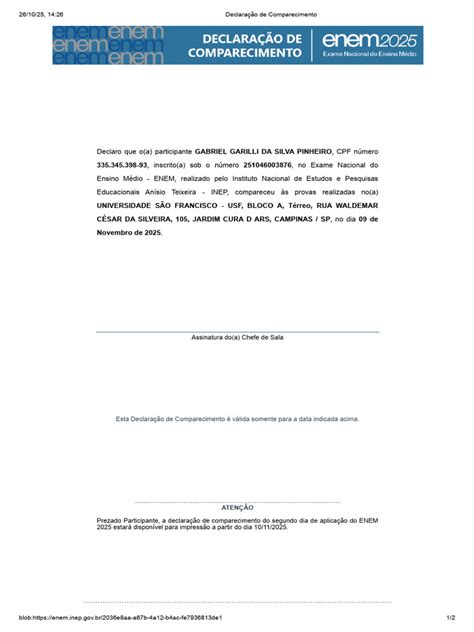 Declaração De Comparecimento Enem Abona Falta - Declaração de Comparecimento ENEM 2025 | PDF